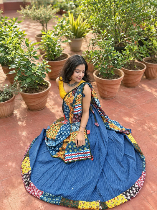 ✨Navrang ~ Ajrakh Long Skirt & Dupatta Set ~ Navy Blue w/ Multicolored Dupatta