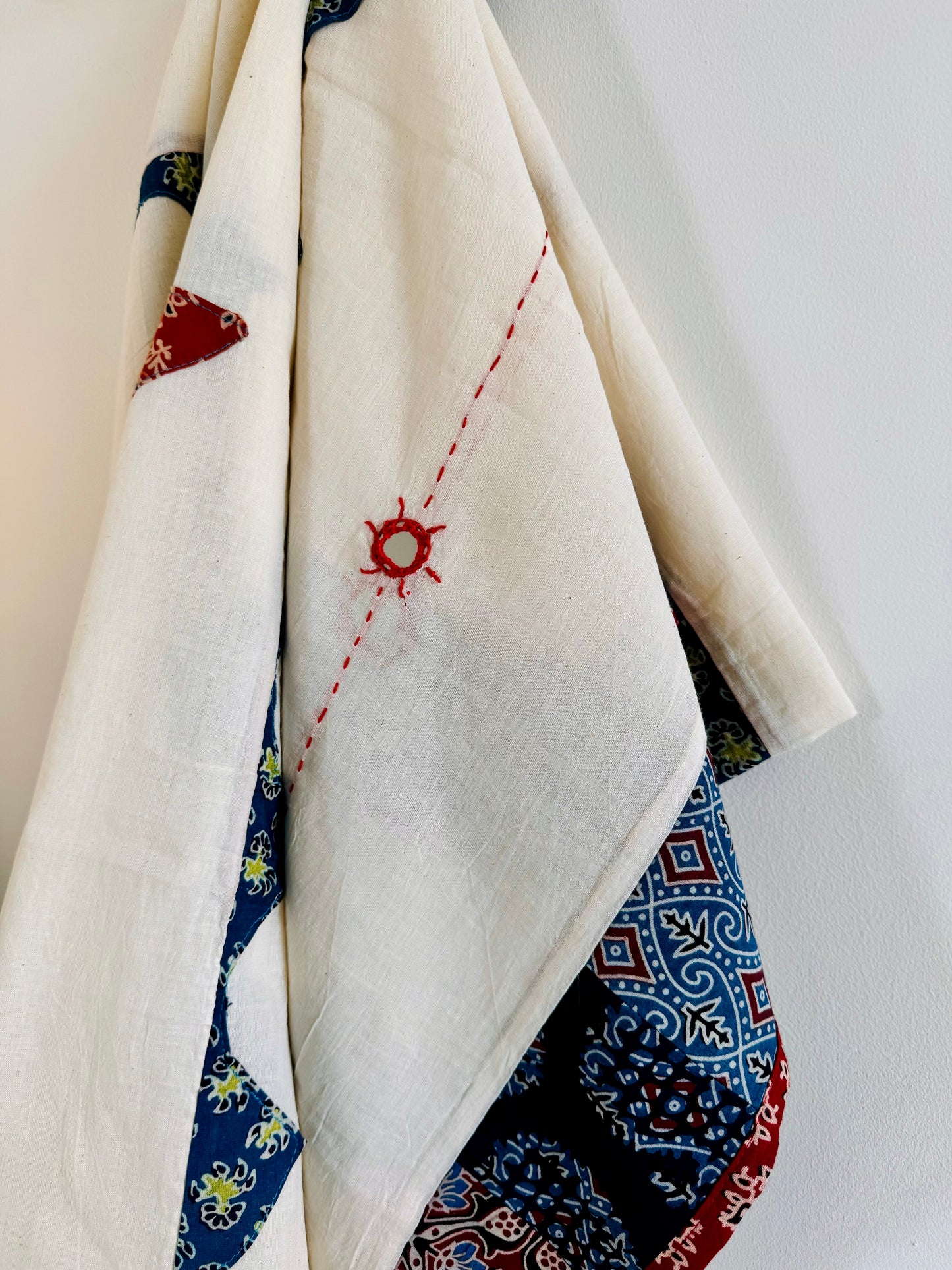 Ajrakh Applique & Kantha Embroidered Dupatta ~ White with Burnt Orange Flowers