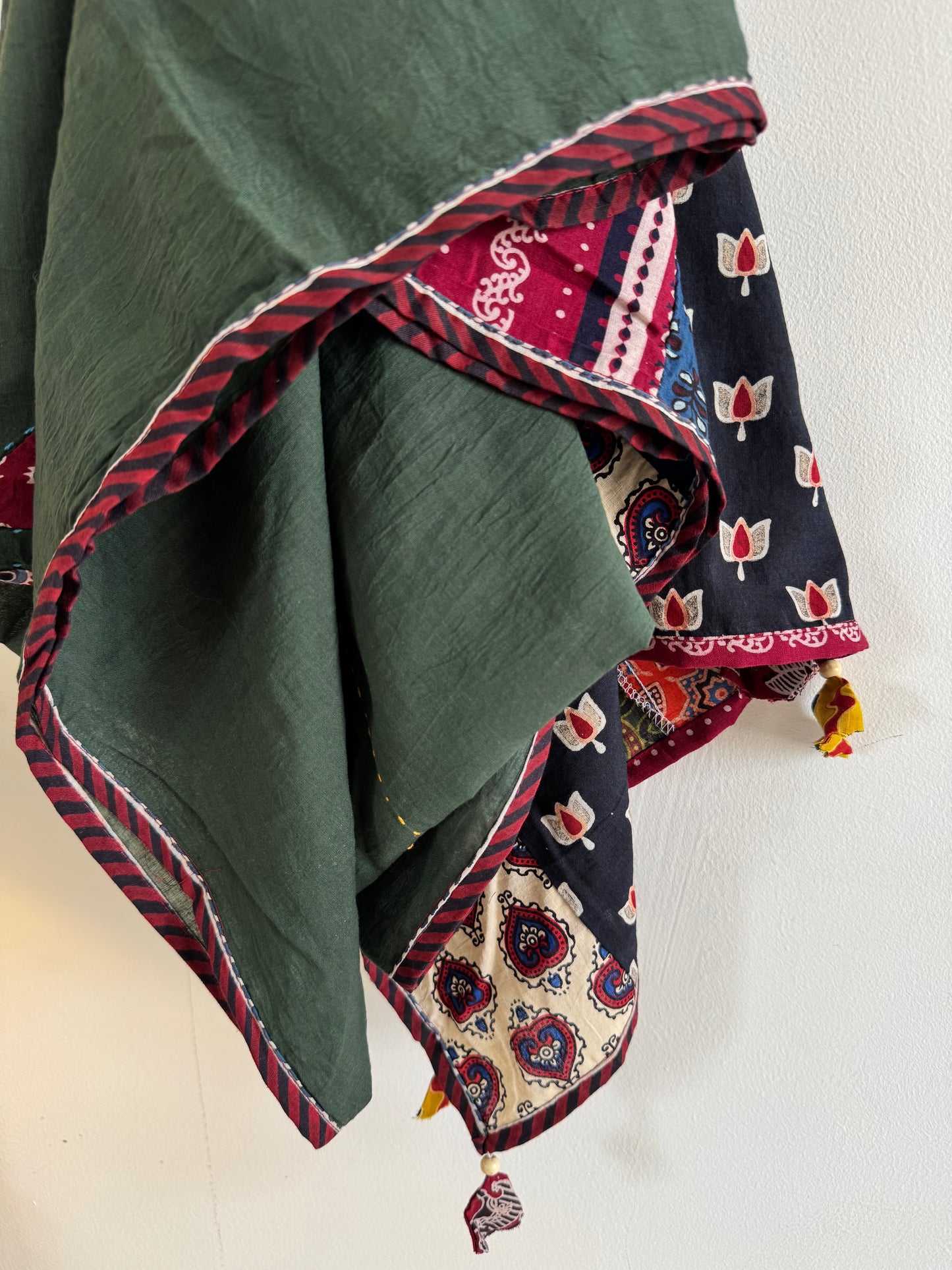 𓂃ོ⋆☀︎𓂃ᨒོ Ajrakh, Applique & Kantha Embroidered Dupatta ~ Olive Green w/ Ruby Flowers𑁍ࠬ