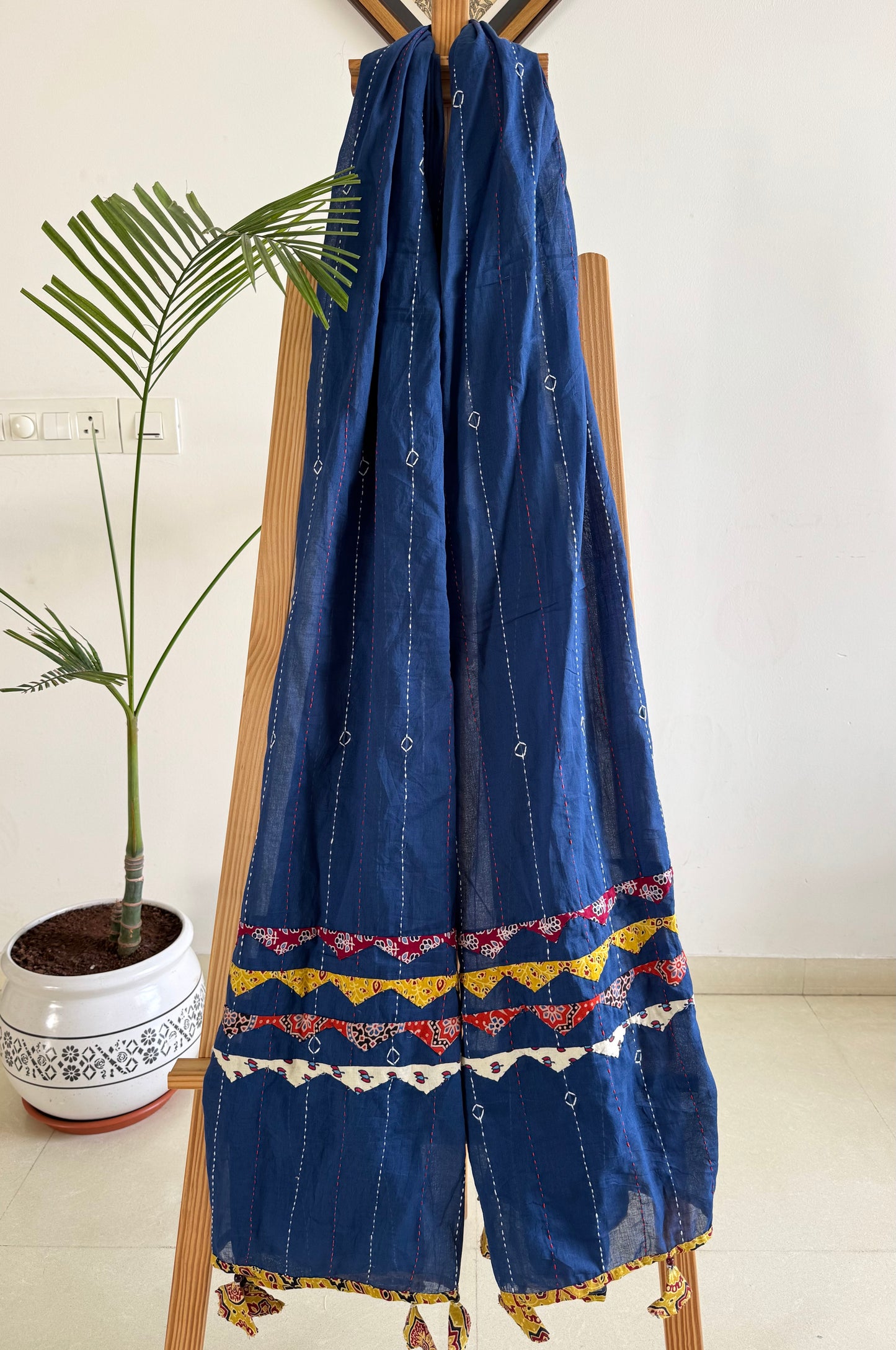 Ajrakh Applique & Kantha Embroidered Dupatta ~ Navy Blue with Multicolor Patch Work