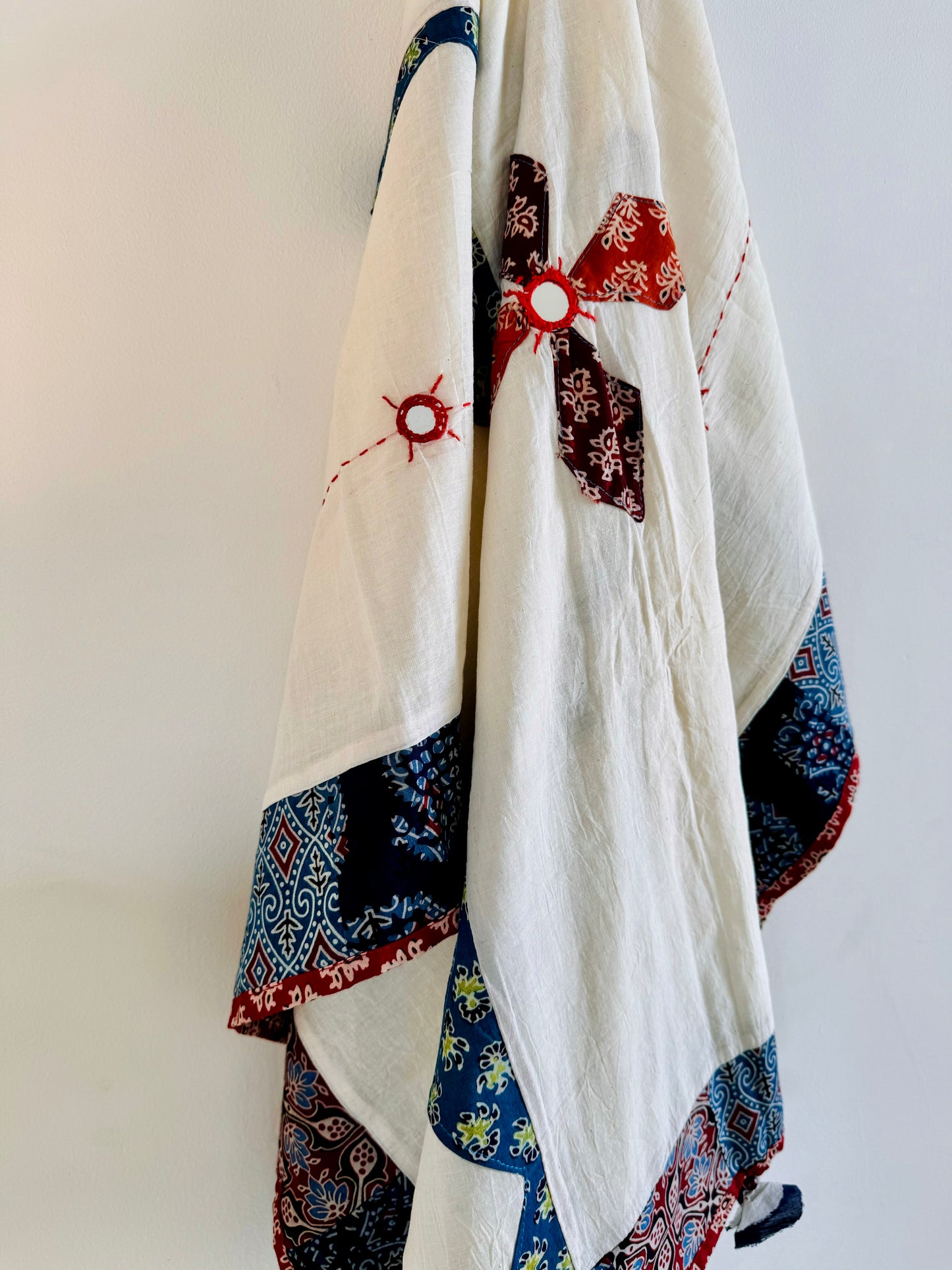 Ajrakh Applique & Kantha Embroidered Dupatta ~ White with Burnt Orange Flowers