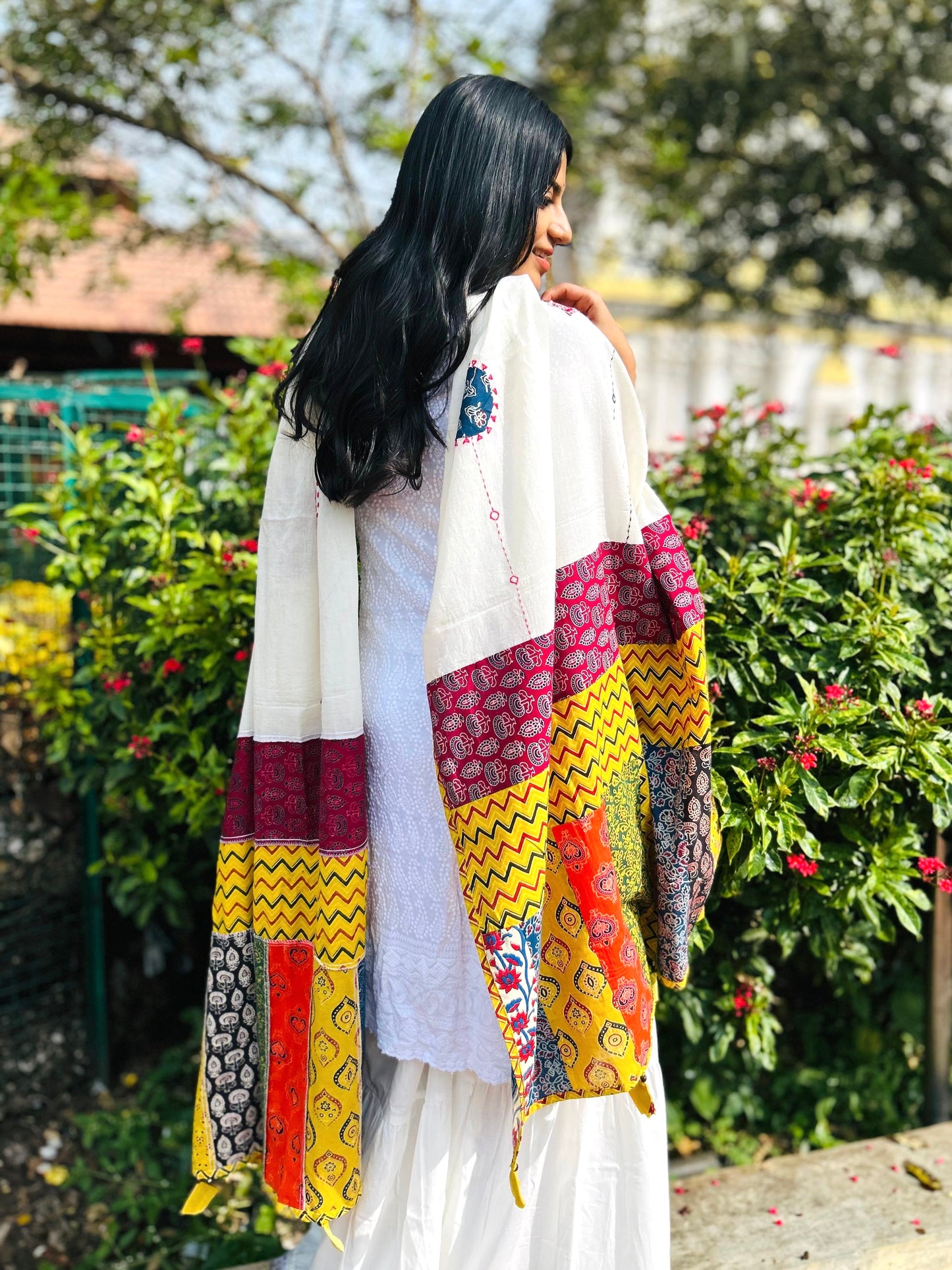 Ajrakh Applique & Kantha Embroidered Dupatta ~ White, Blue & Yellow