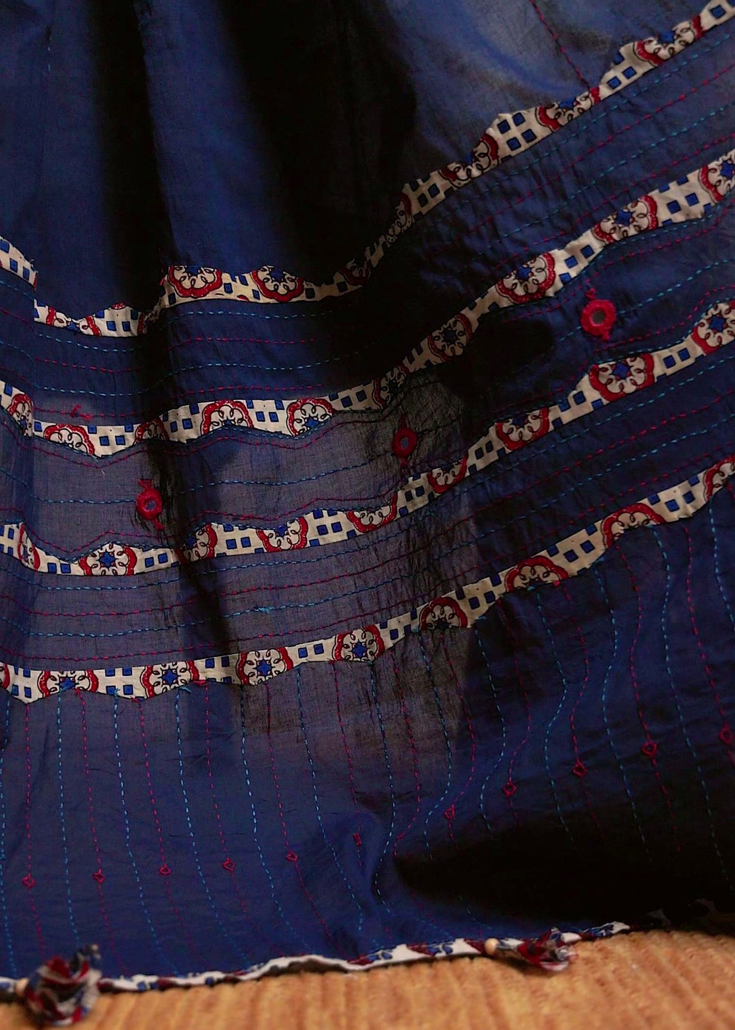 Ajrakh Applique & Kantha Embroidered Dupatta ~ Navy Blue with Kantha Work