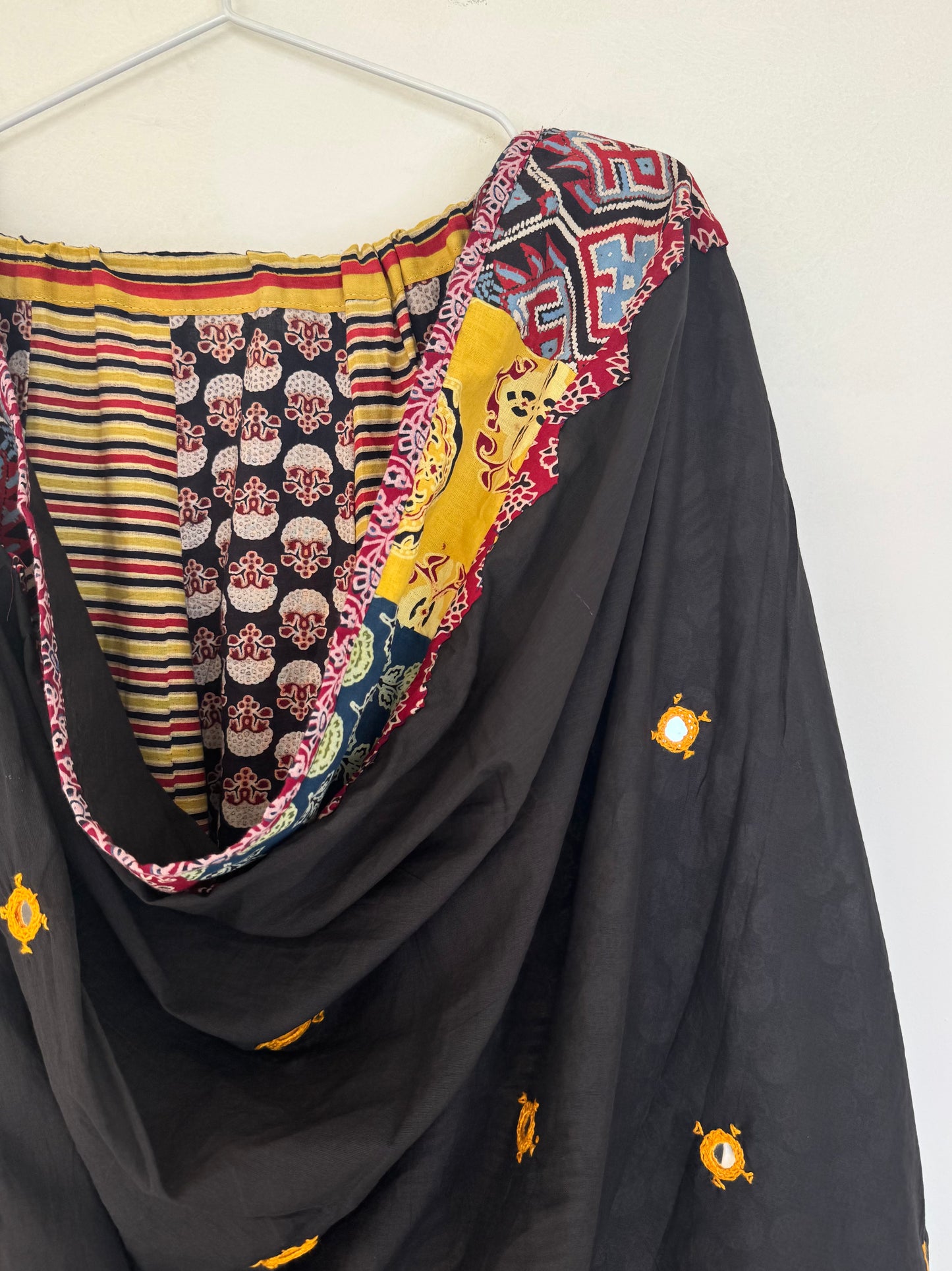 ✨Garba nu Ghoomie ~ Ajrakh Lehenga and Dupatta Set ~ Yellow Strips w/ Black Dupatta