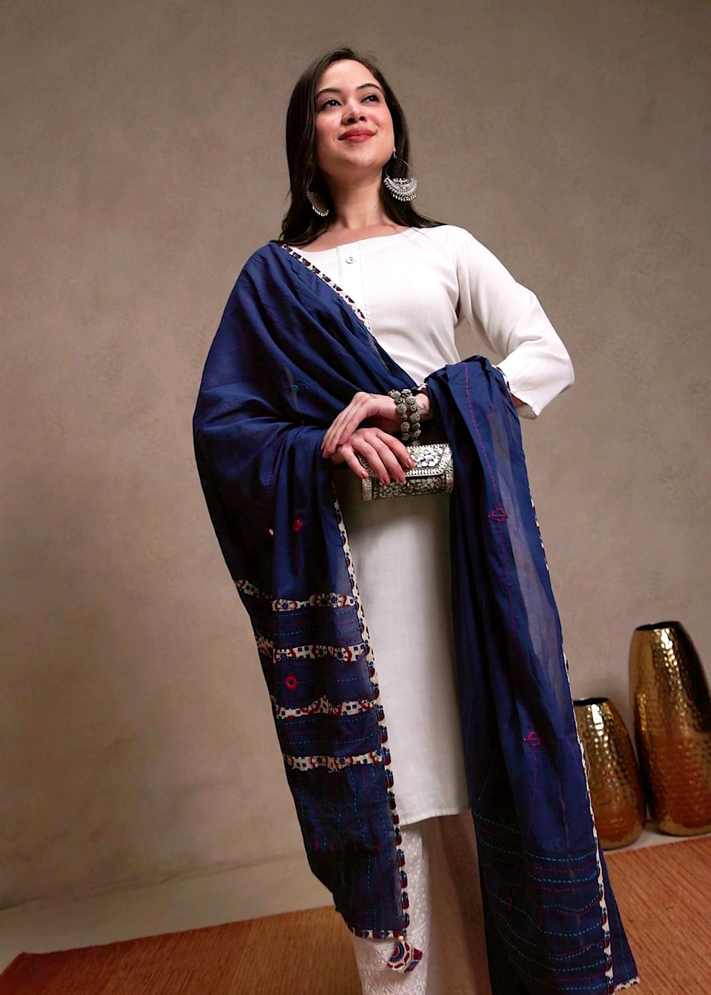 Ajrakh Applique & Kantha Embroidered Dupatta ~ Navy Blue with Kantha Work