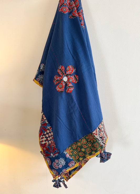 Ajrakh Applique & Kantha Embroidered Dupatta ~ Navy Blue w/ Orange Flowers