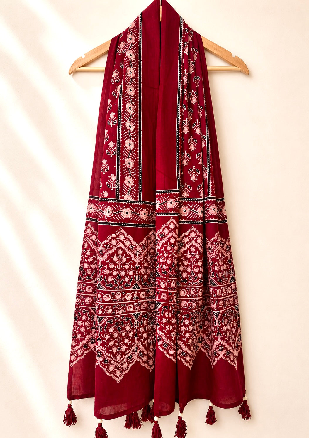 Raahi🌻Ajrakh Cotton Stoles ~ Deep red w/ motifs
