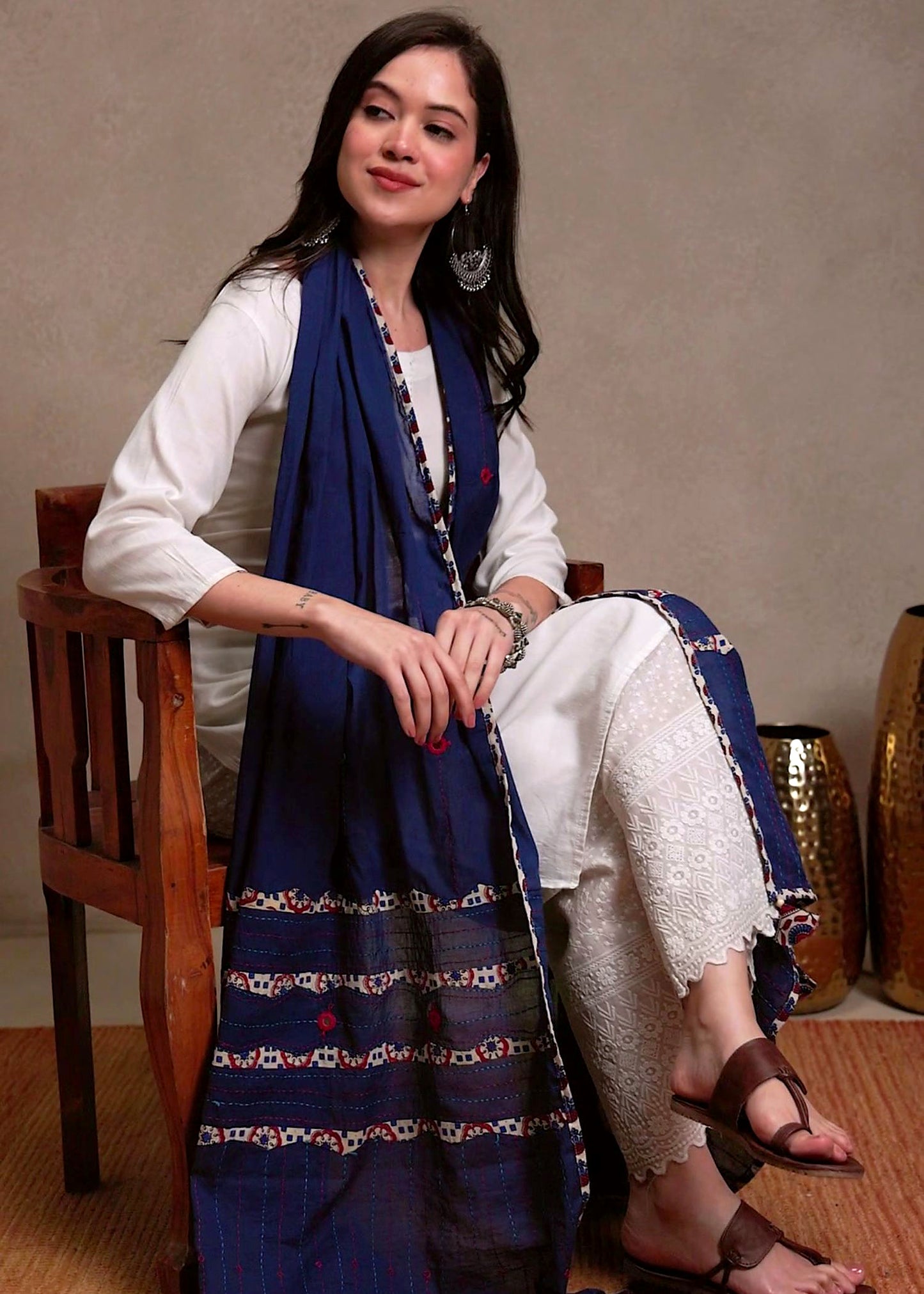 Ajrakh Applique & Kantha Embroidered Dupatta ~ Navy Blue with Kantha Work