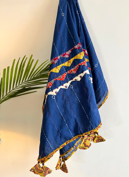 Ajrakh Applique & Kantha Embroidered Dupatta ~ Navy Blue with Multicolor Patch Work