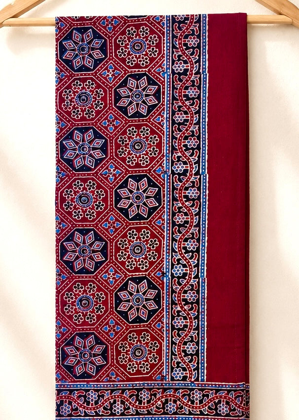 Raahi🌻Ajrakh Cotton Stoles ~ Deep red w/ geometrical motifs