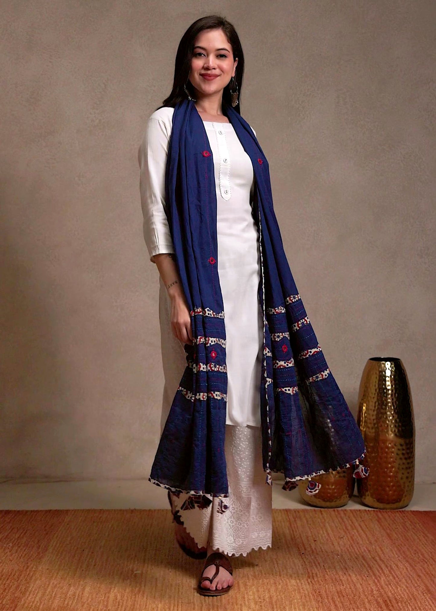 Ajrakh Applique & Kantha Embroidered Dupatta ~ Navy Blue with Kantha Work