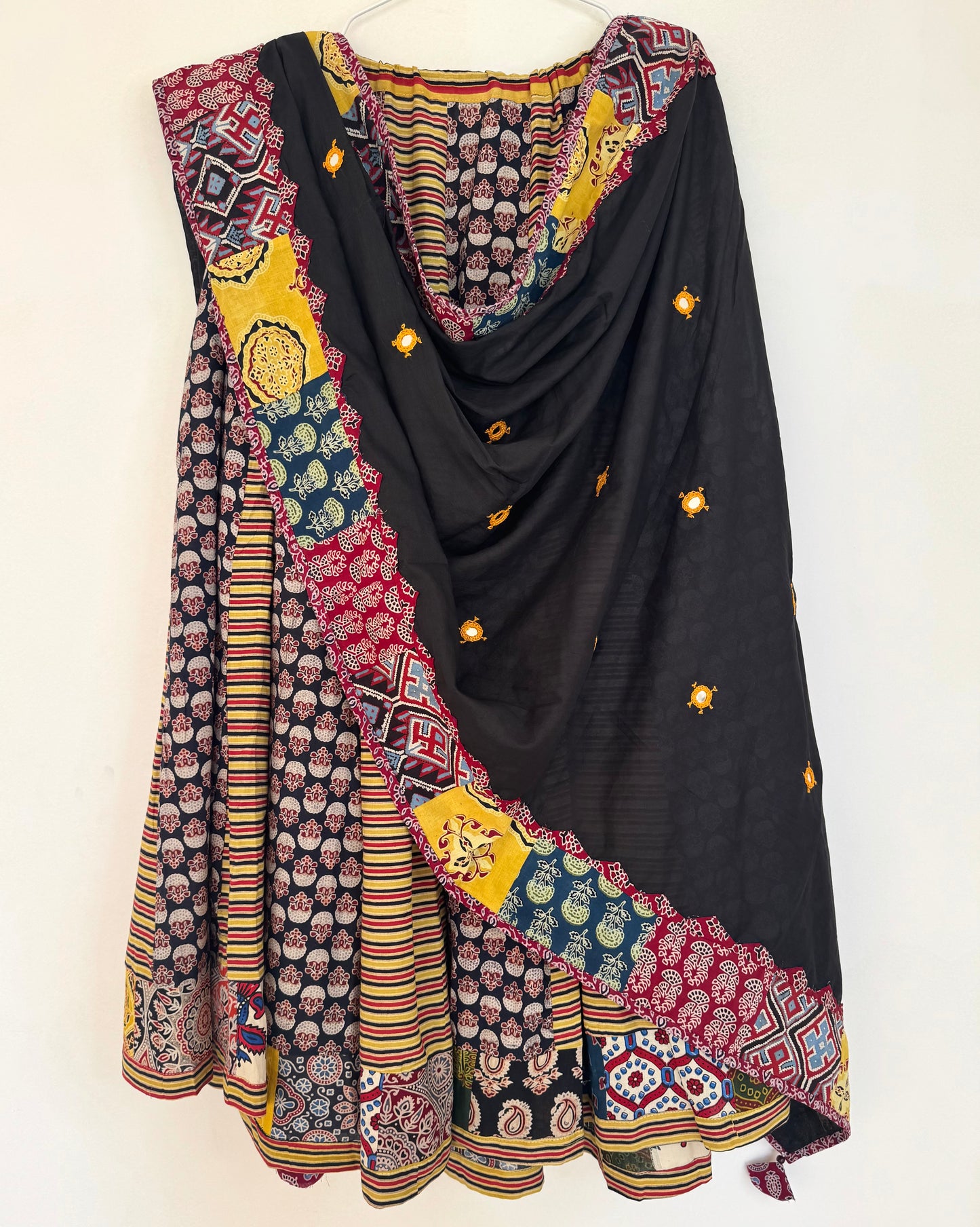 ✨Garba nu Ghoomie ~ Ajrakh Lehenga and Dupatta Set ~ Yellow Strips w/ Black Dupatta