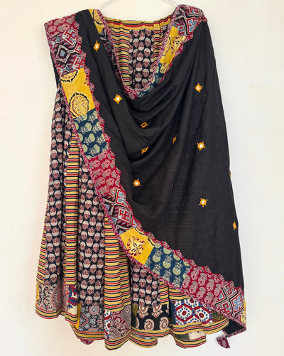 ✨Garba nu Ghoomie ~ Ajrakh Lehenga and Dupatta Set ~ Yellow Strips w/ Black Dupatta