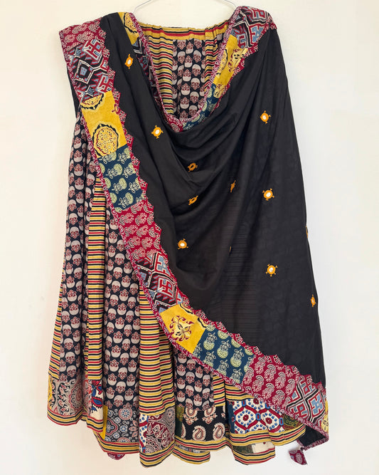 ✨Garba nu Ghoomie ~ Ajrakh Lehenga and Dupatta Set ~ Yellow Strips w/ Black Dupatta