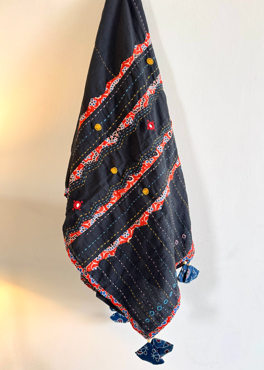 Ajrakh Applique & Kantha Embroidered Dupatta ~ Black with Orange Kantha Work