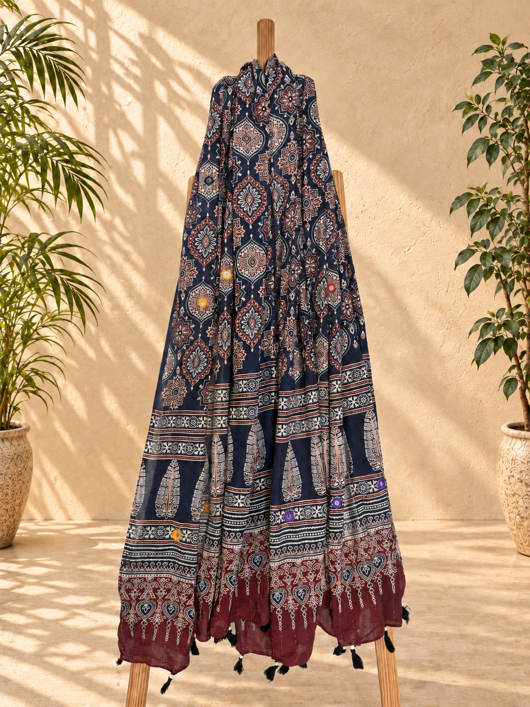 Rangrez🔅Ajrakh Mulmul Dupattas with Embroidery ~ Midnight Beauty