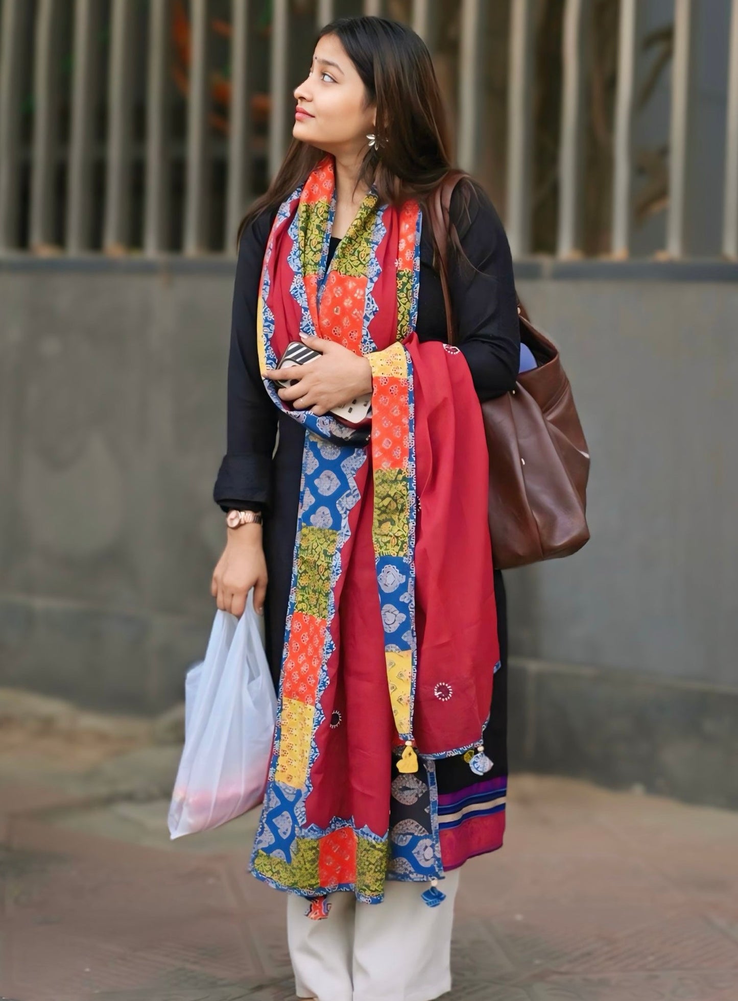 Ajrakh Applique & Kantha Embroidered Dupatta ~ Deep Red