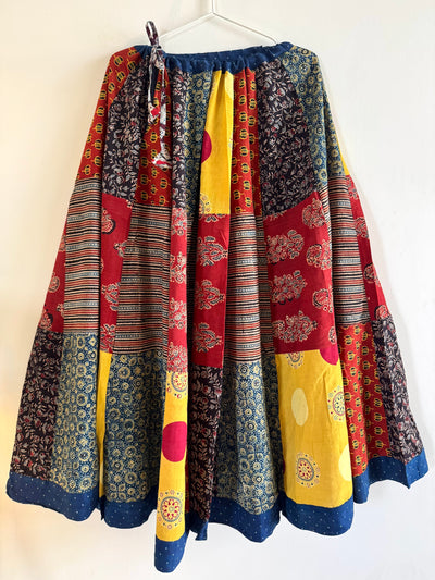 🌻Navrang ~ Ajrakh Long Skirt ~ Multicolor w/ blue polka dots