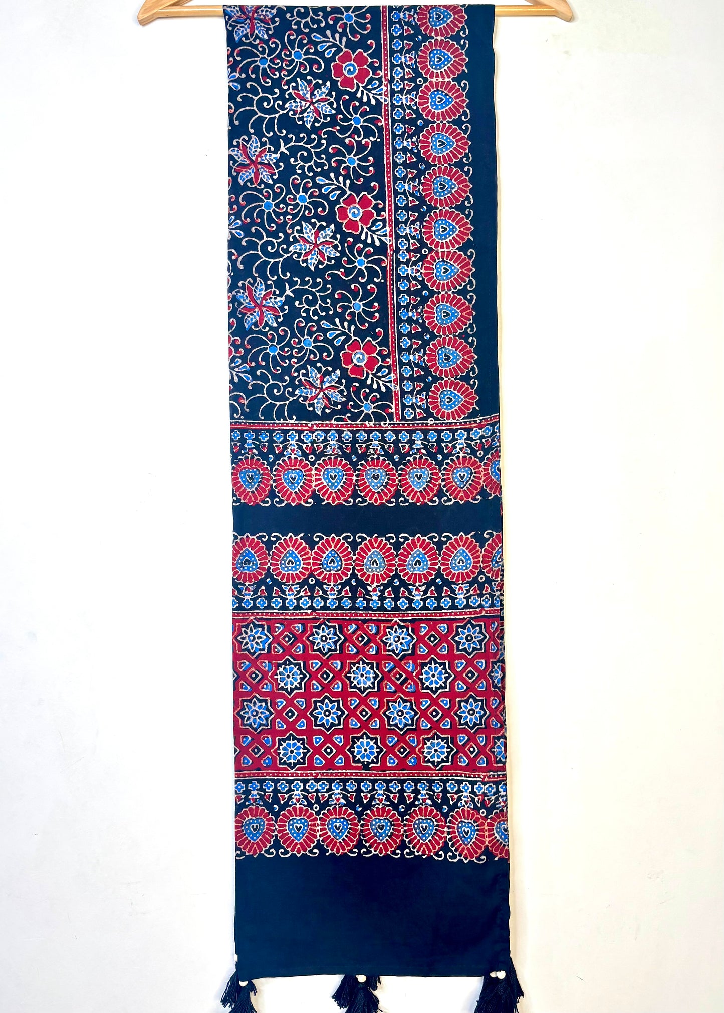 Raahi🌻Ajrakh Cotton Stoles ~ black and metallic blue w/ motifs