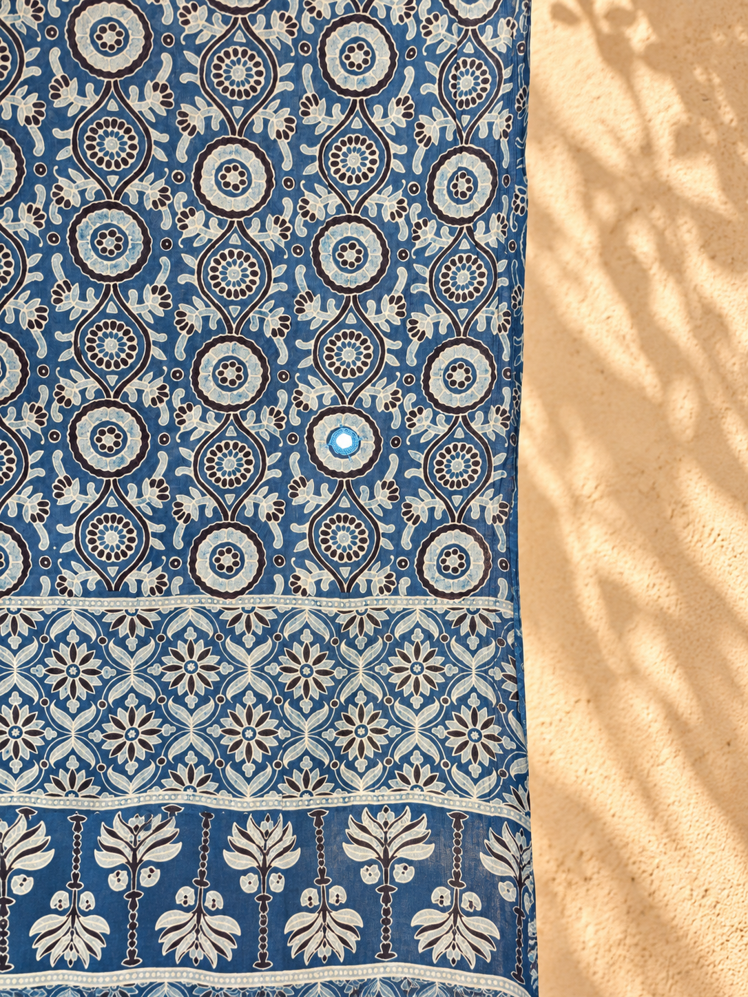 Rangrez🔅Ajrakh Mulmul Cotton Dupattas with Embroidery ~ Neel Kamal