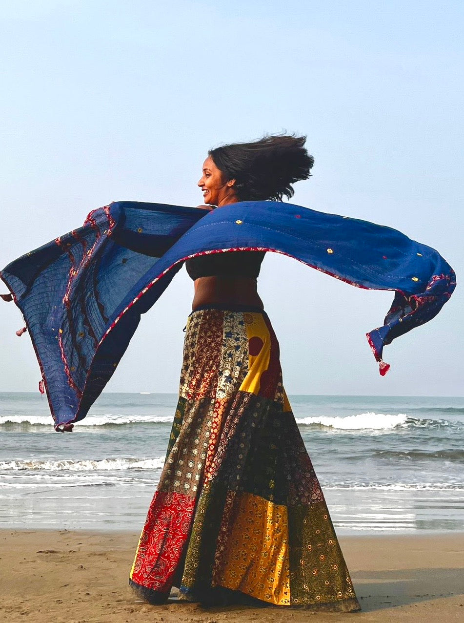 ✨Navrang ~ Ajrakh Long Skirt and Dupatta Set ~ Multicolor w/ Blue