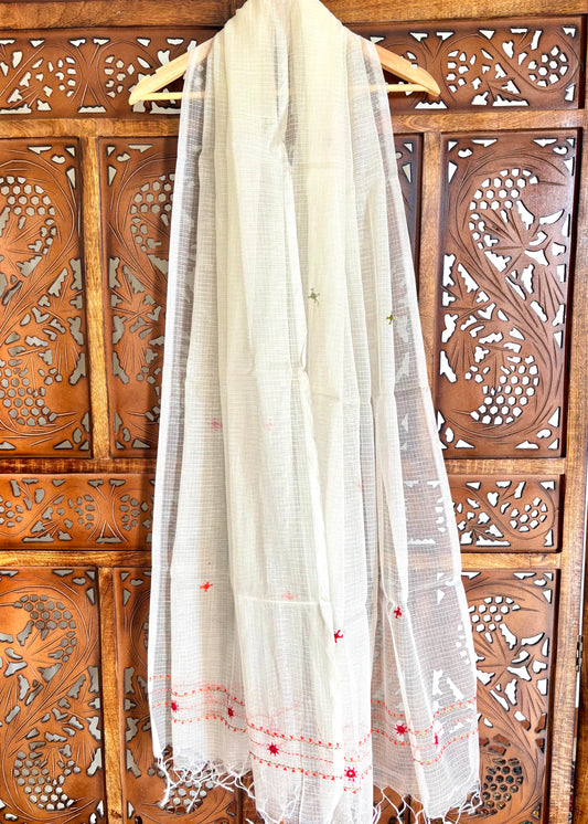 Kota Doria Hand Embroidered Dupatta ~ Beige w/ red flowers