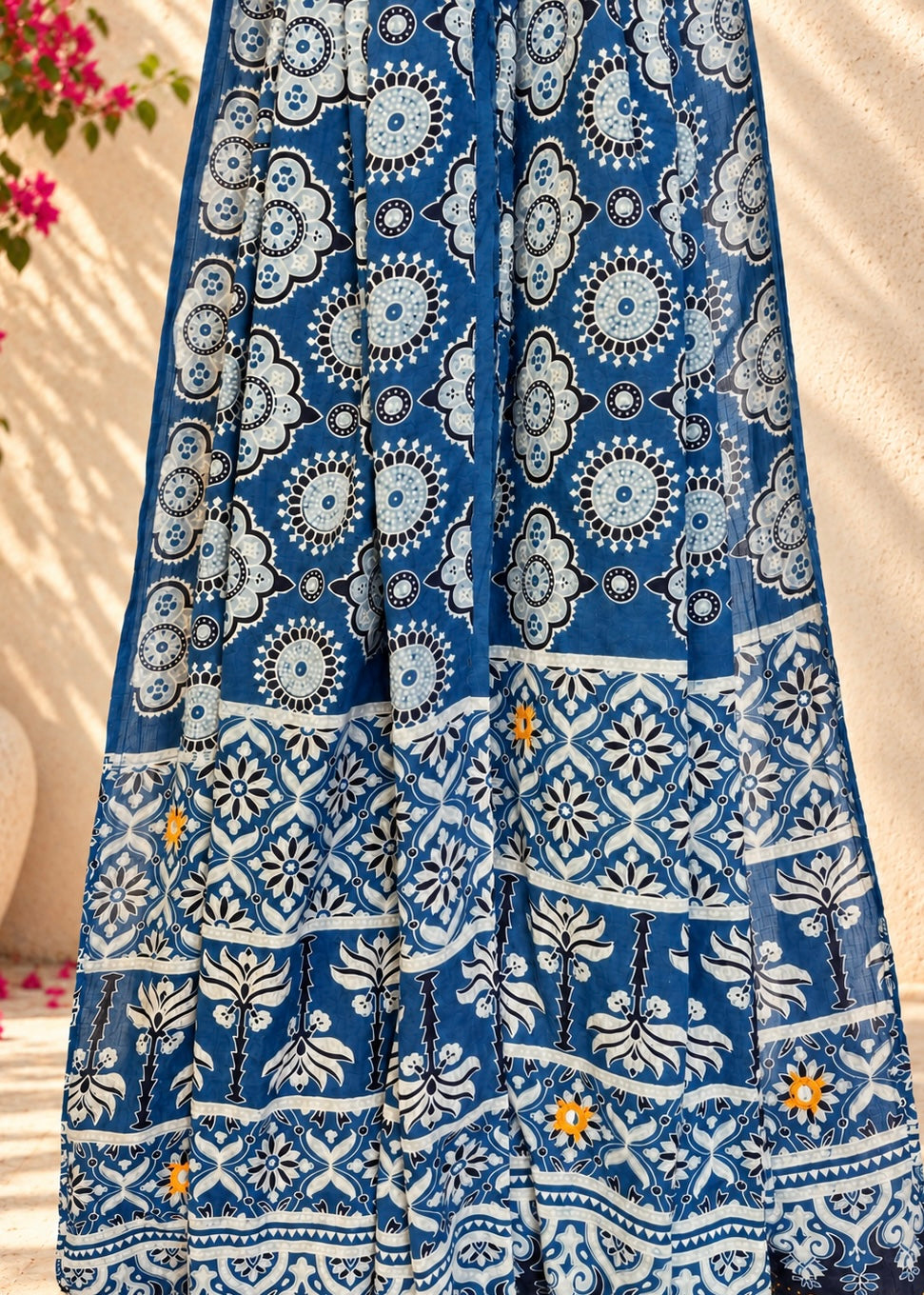 Rangrez🔅Ajrakh Mulmul Cotton Dupattas with Embroidery ~ Neel Bahaar
