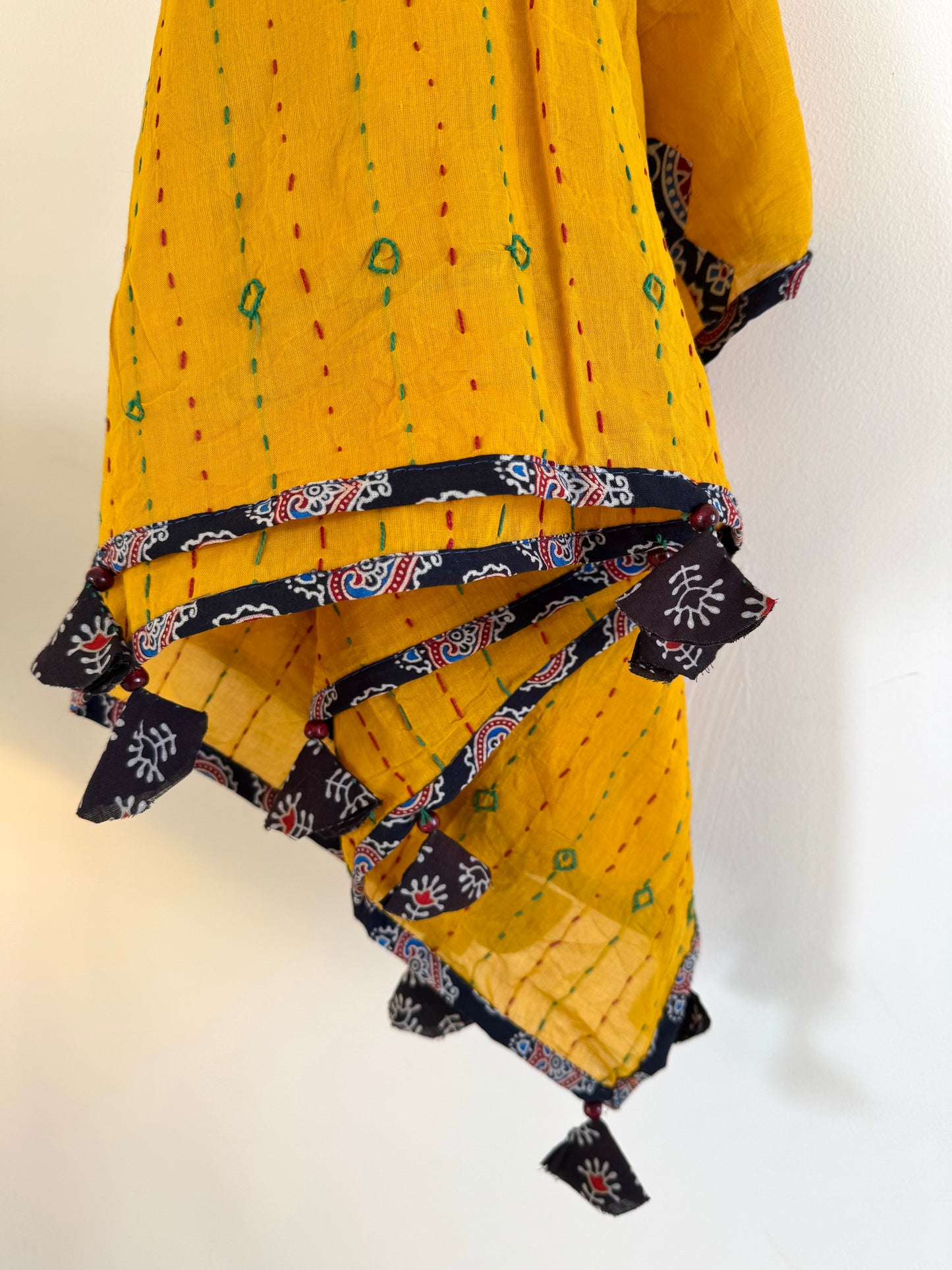 Ajrakh Applique & Kantha Embroidered Dupatta ~ Mustard Yellow with dotted lines