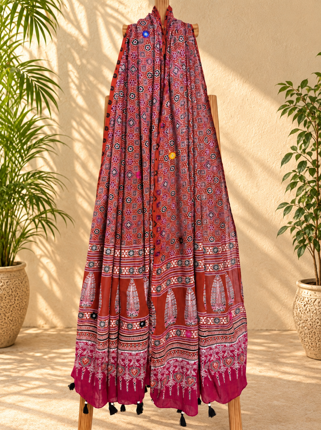 Rangrez🔅Ajrakh Mulmul Cotton Dupattas with Embroidery ~ Orangish Red