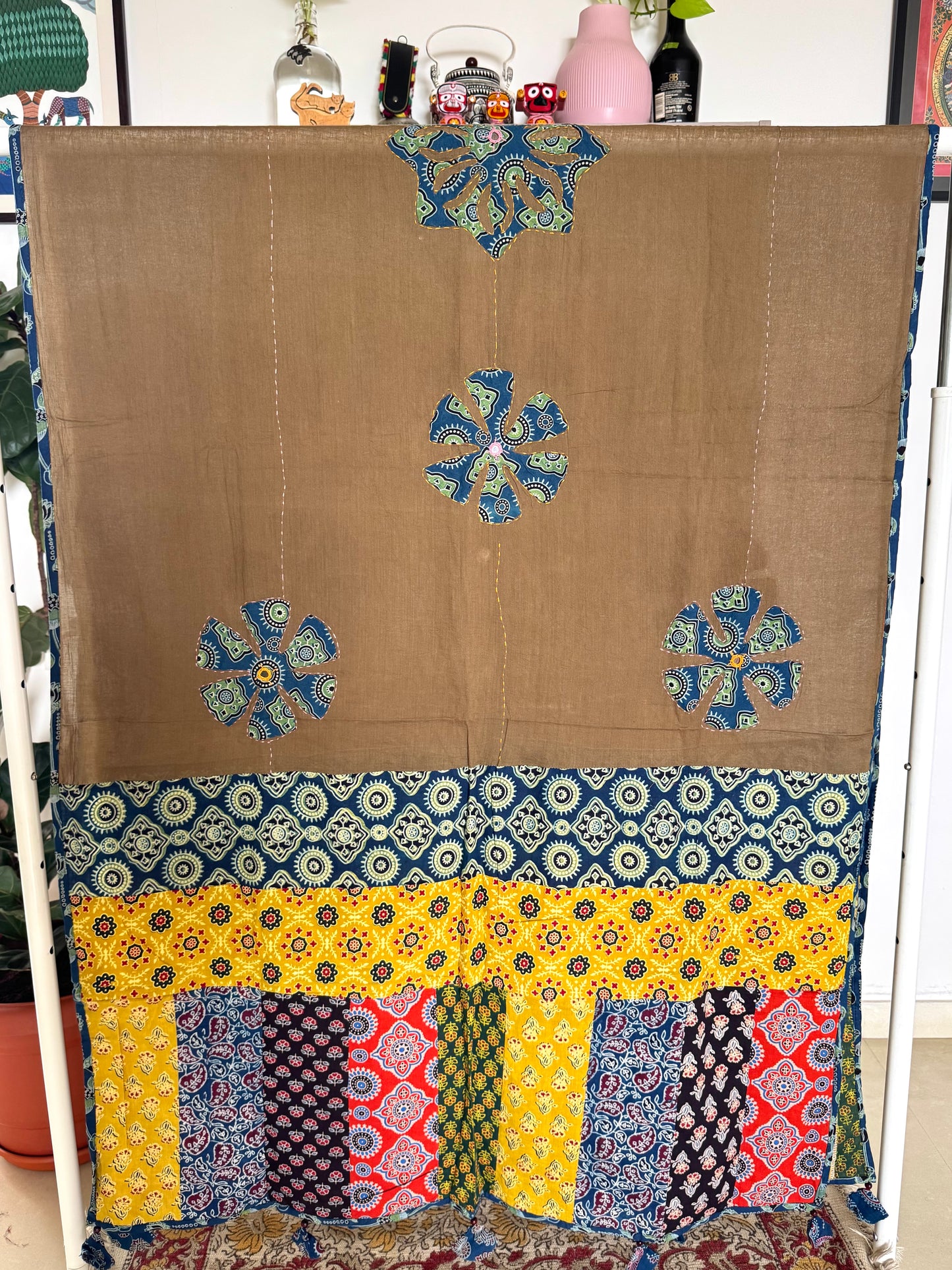 𓂃ོ⋆☀︎𓂃ᨒོ Ajrakh, Applique & Kantha Embroidered Dupatta ~ Coco Brown w/ Blue Flowers 𑁍ࠬ