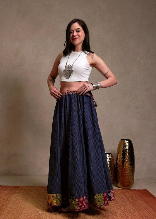 ✨Navrang ~ Ajrakh Long Skirt ~ Navy Blue Textured