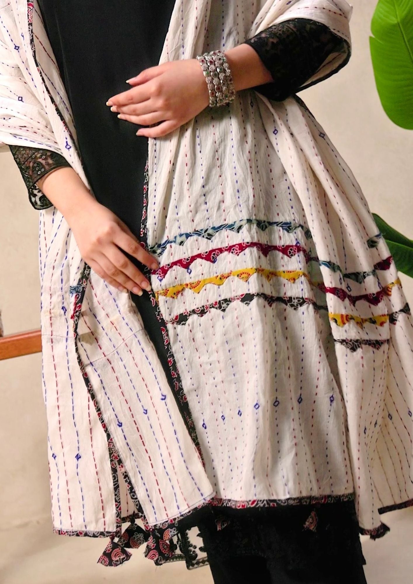 Ajrakh Applique & Kantha Embroidered Dupatta ~ White with Multicolor Patchwork