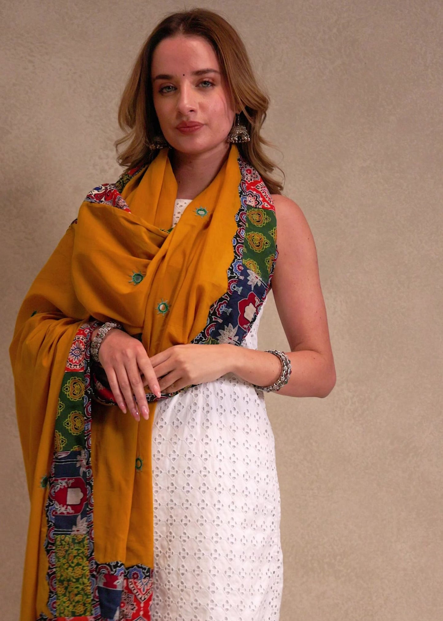 Ajrakh Applique & Kantha Embroidered Dupatta ~ Mustard Yellow
