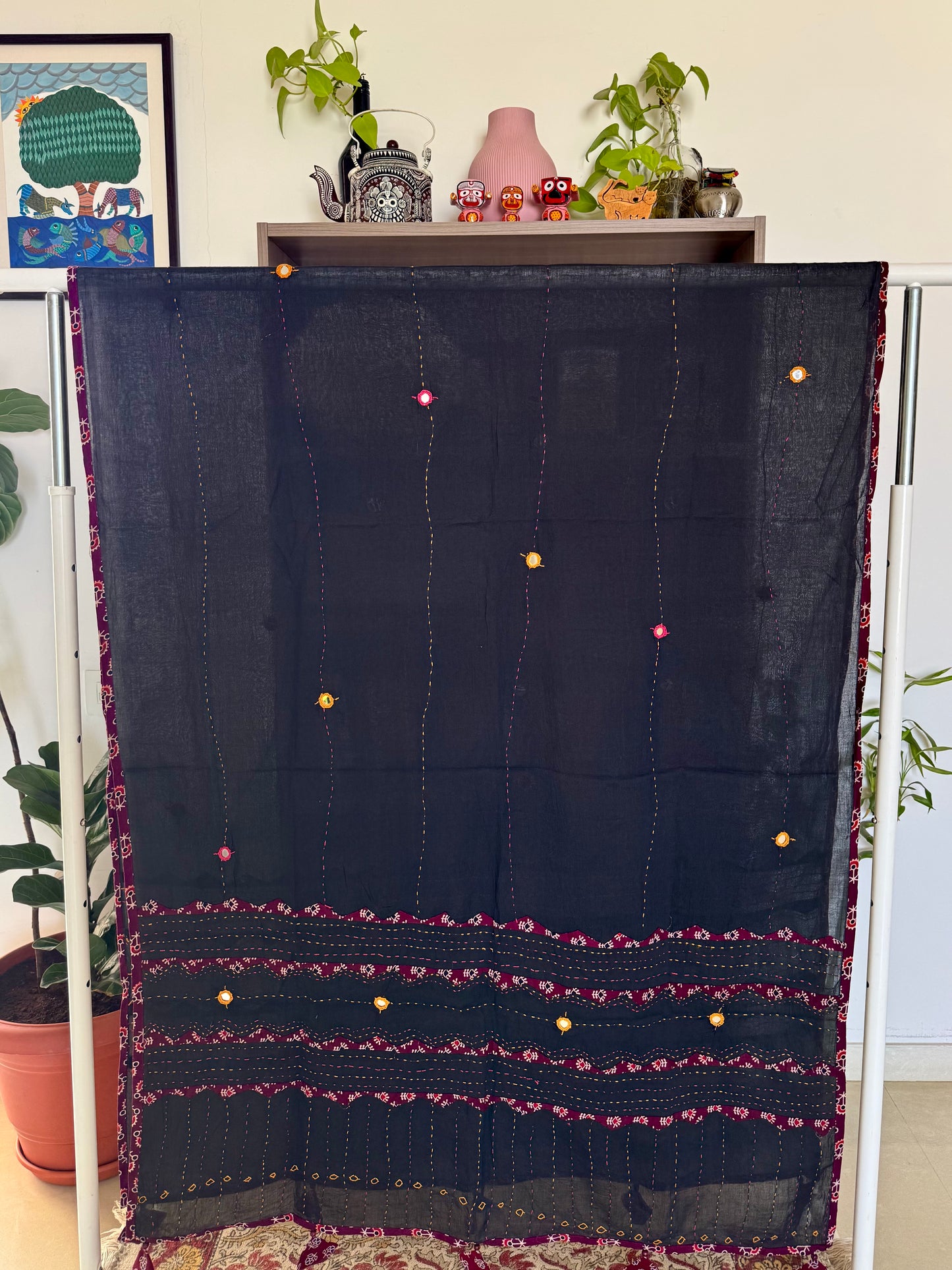 Ajrakh Applique & Kantha Embroidered Dupatta ~ Black & Red