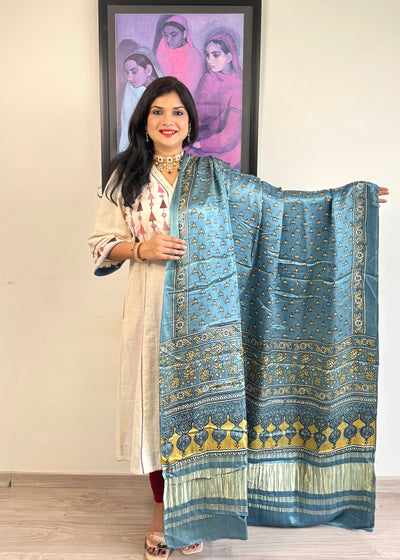 Modal Silk Ajrakh Dupatta ~ Metallic Blue Lotus motif w/ Zari