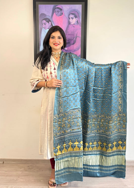 Modal Silk Ajrakh Dupatta ~ Metallic Blue Lotus motif w/ Zari