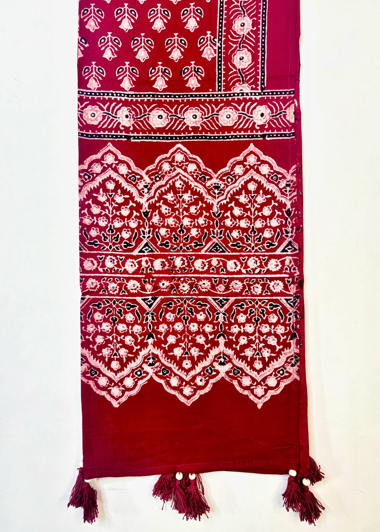 Raahi🌻Ajrakh Cotton Stoles ~ Deep red w/ motifs