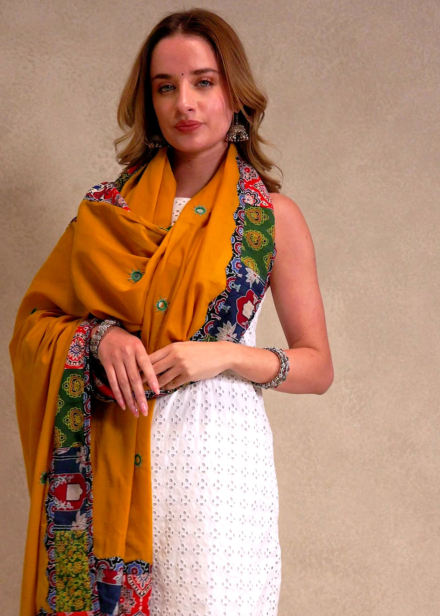 Ajrakh Applique & Kantha Embroidered Dupatta ~ Mustard Yellow