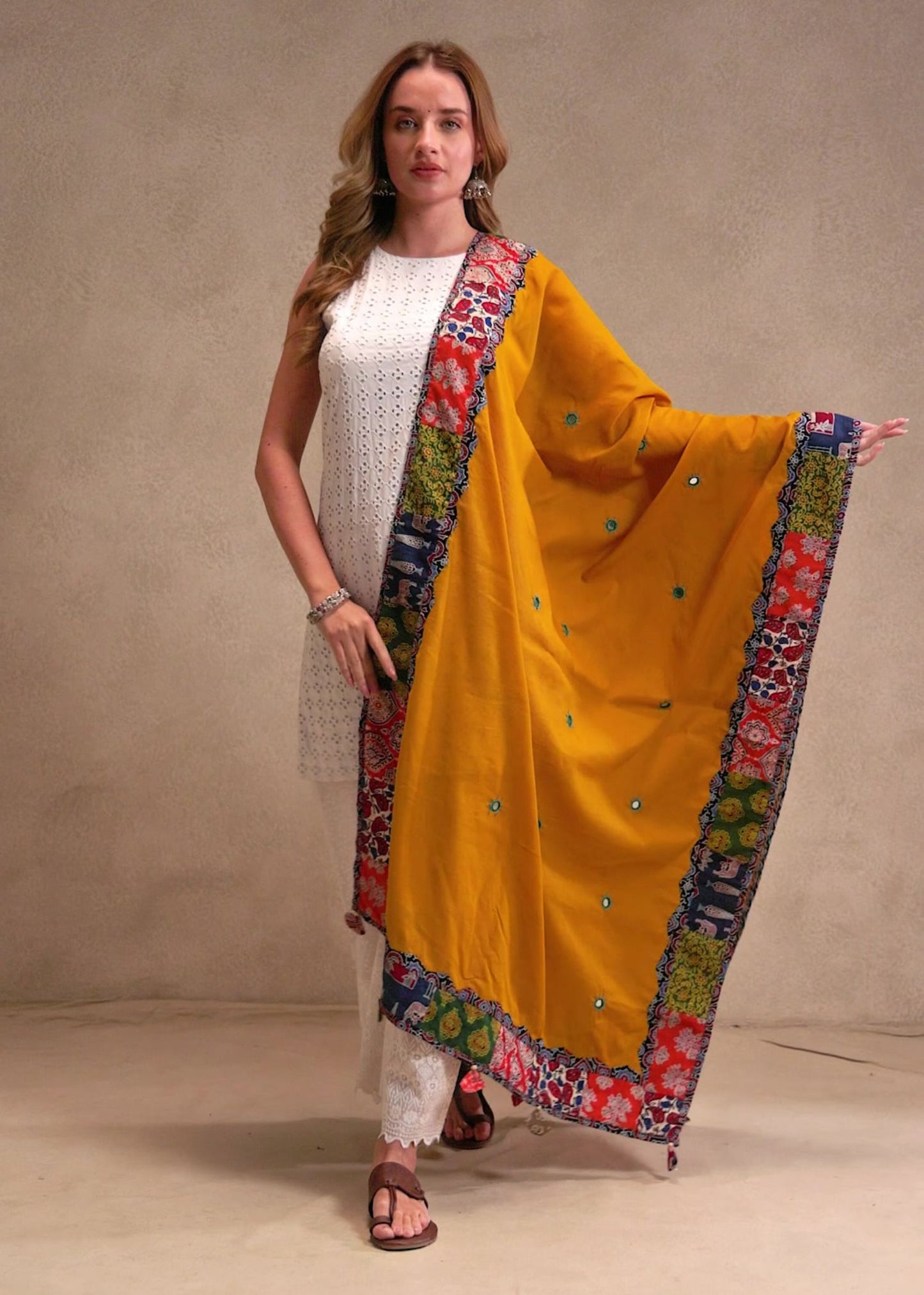 Ajrakh Applique & Kantha Embroidered Dupatta ~ Mustard Yellow