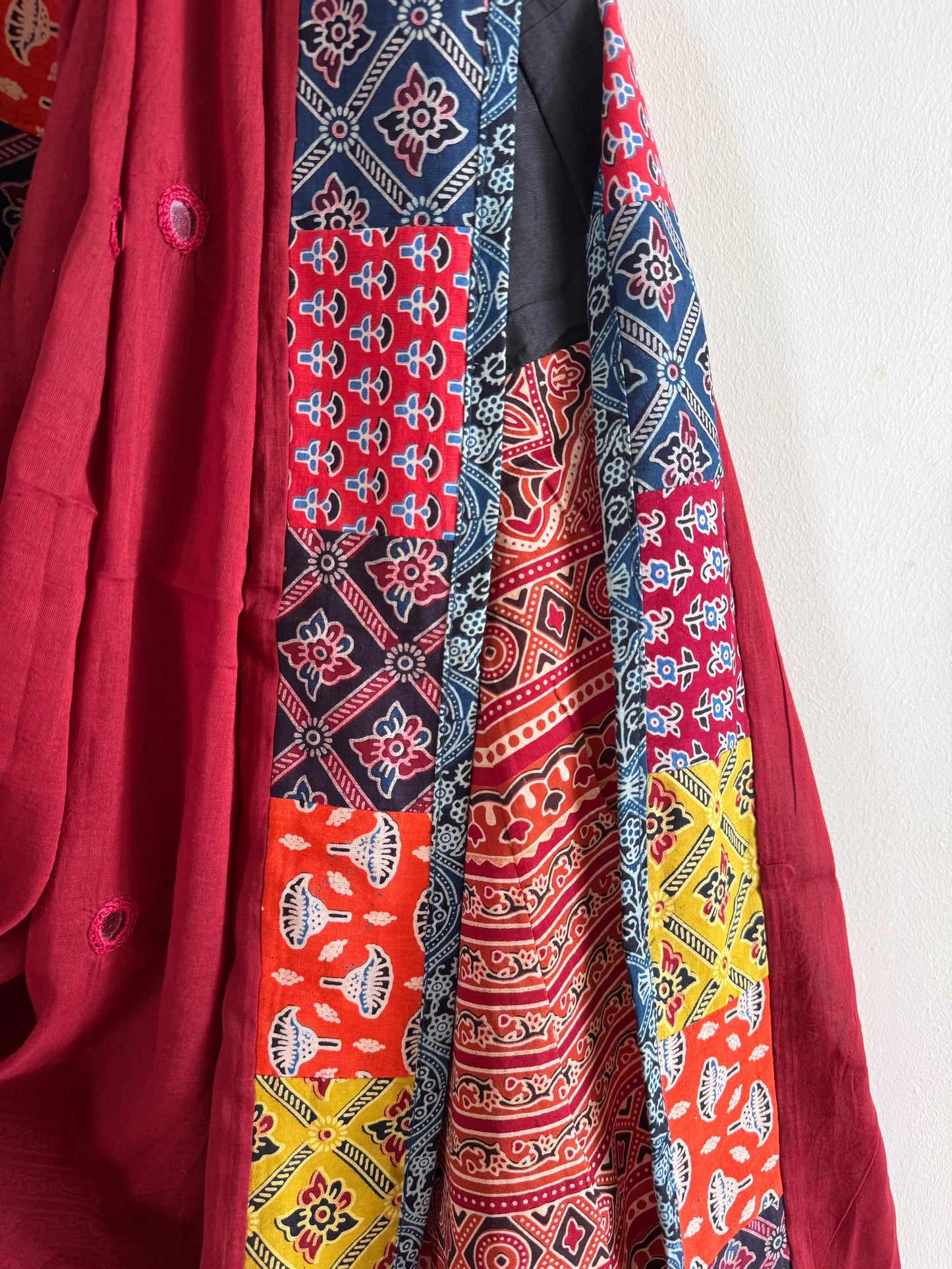 ✨Garba nu Ghoomie ~ Ajrakh Lehenga and Dupatta Set ~ Deep Red w/ Black