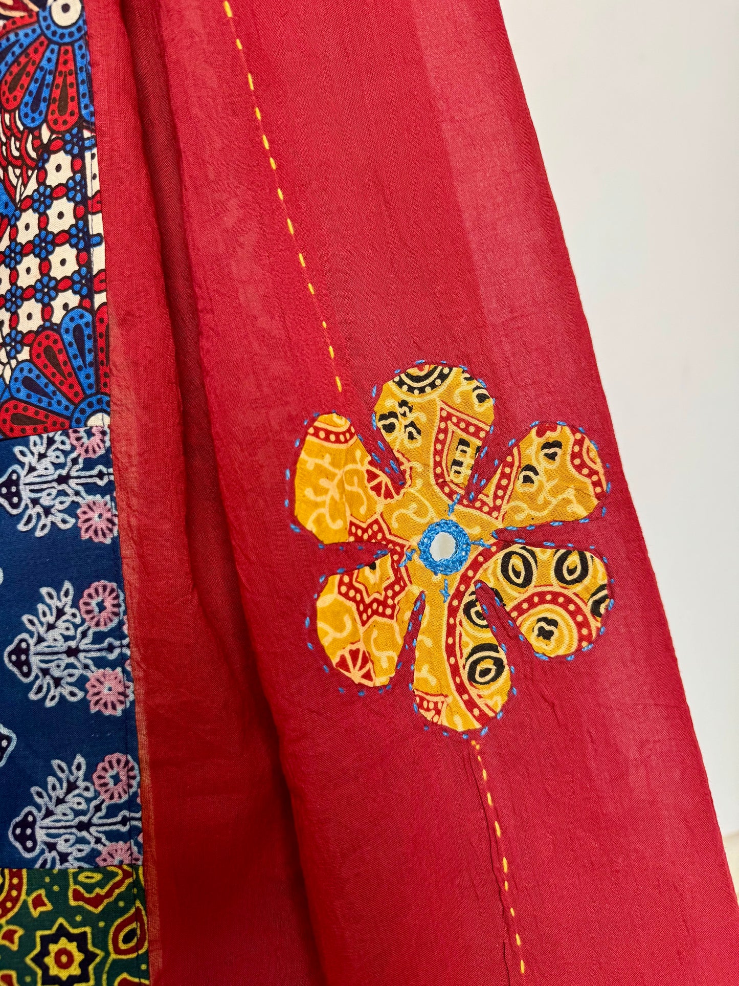 𓂃ོ⋆☀︎𓂃ᨒོ Ajrakh, Applique & Kantha Embroidered Dupatta ~ Ruby Red 𑁍ࠬ