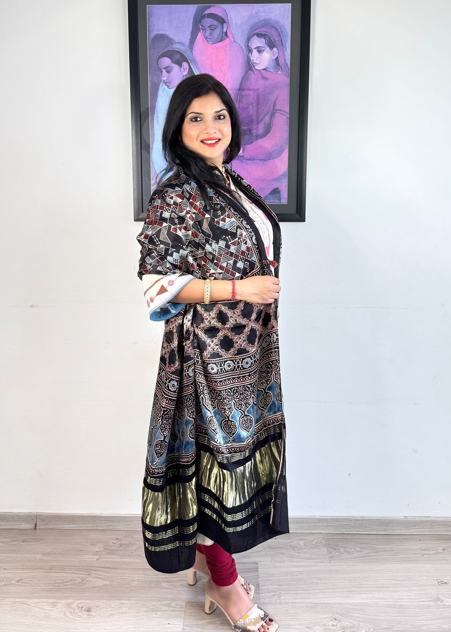 Modal Silk Ajrakh Dupatta ~ Black Worli Art Motif w/ Zari