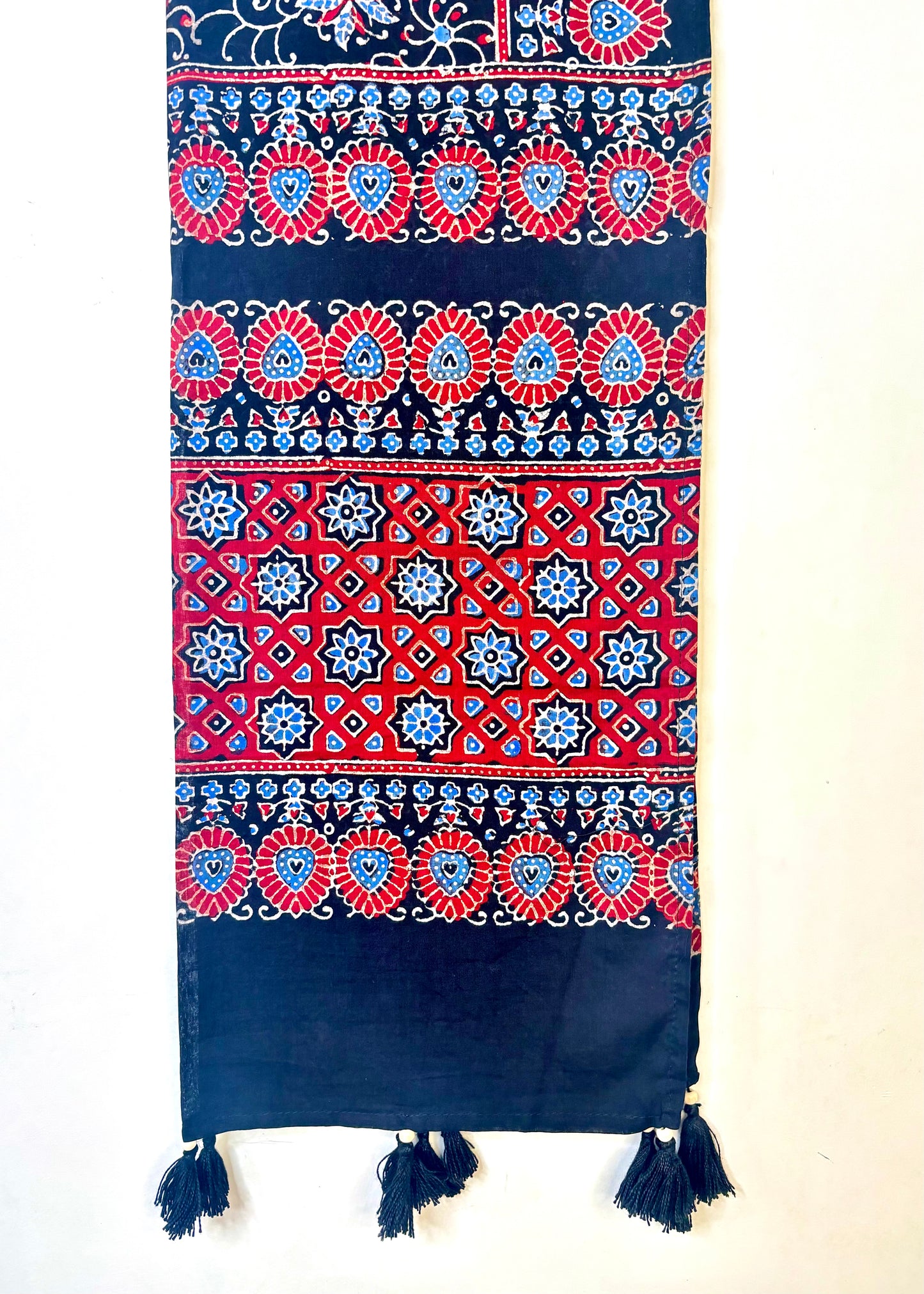 Raahi🌻Ajrakh Cotton Stoles ~ black and metallic blue w/ motifs
