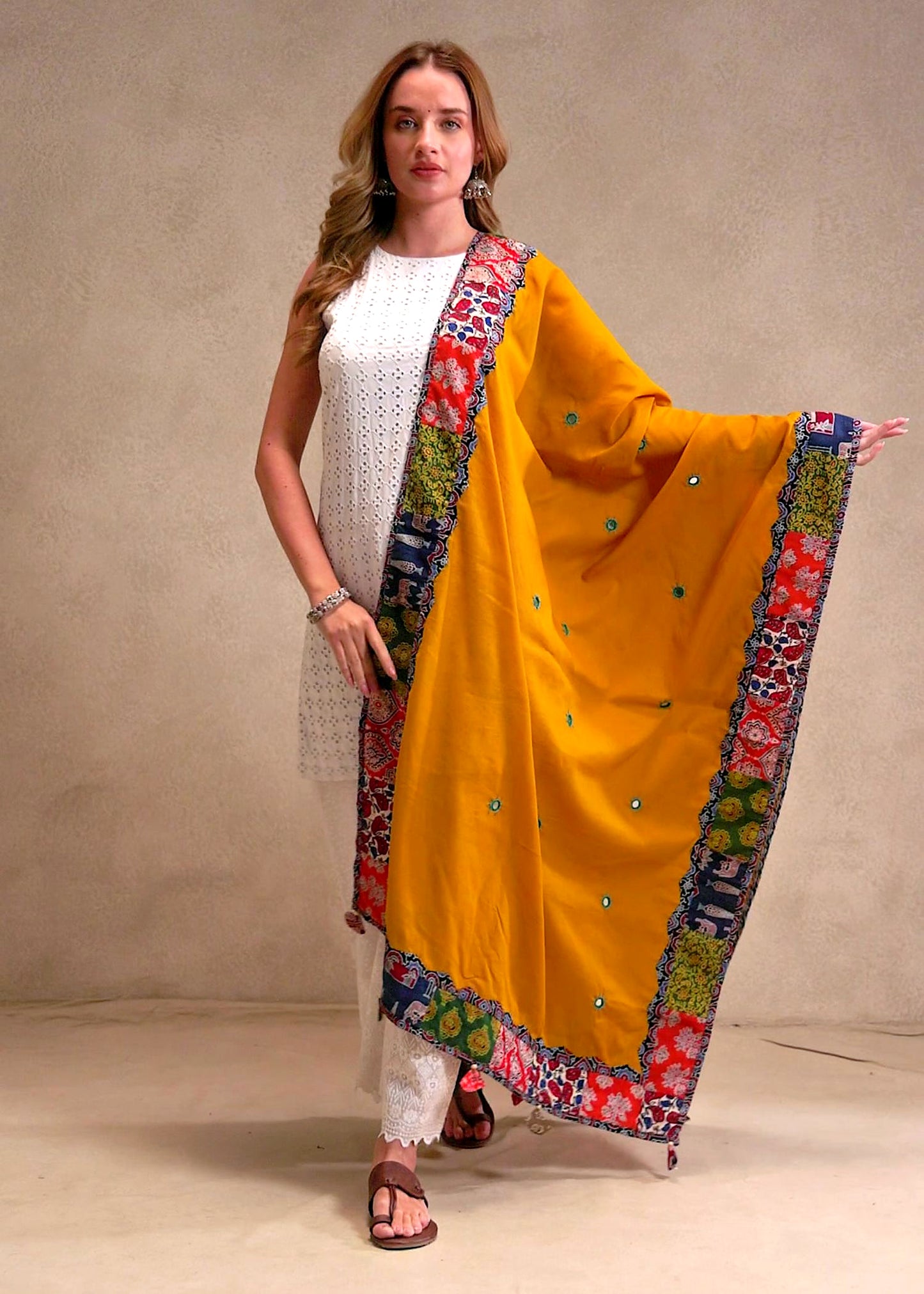 Ajrakh Applique & Kantha Embroidered Dupatta ~ Mustard Yellow