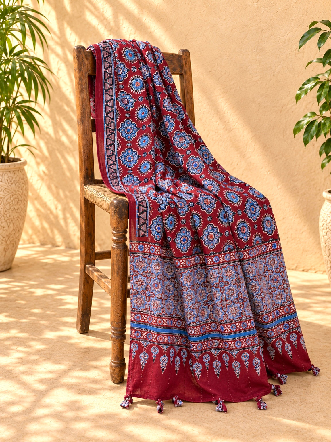 Rangrez🔅Ajrakh Mulmul Cotton Dupattas with Embroidery ~ Wine Red w/ metallic blue