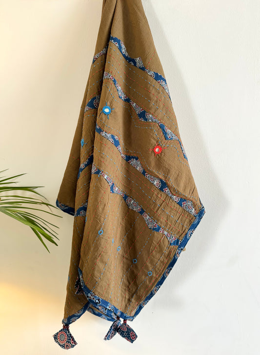 Ajrakh Applique & Kantha Embroidered Dupatta ~ Coco with Blue Patchwork