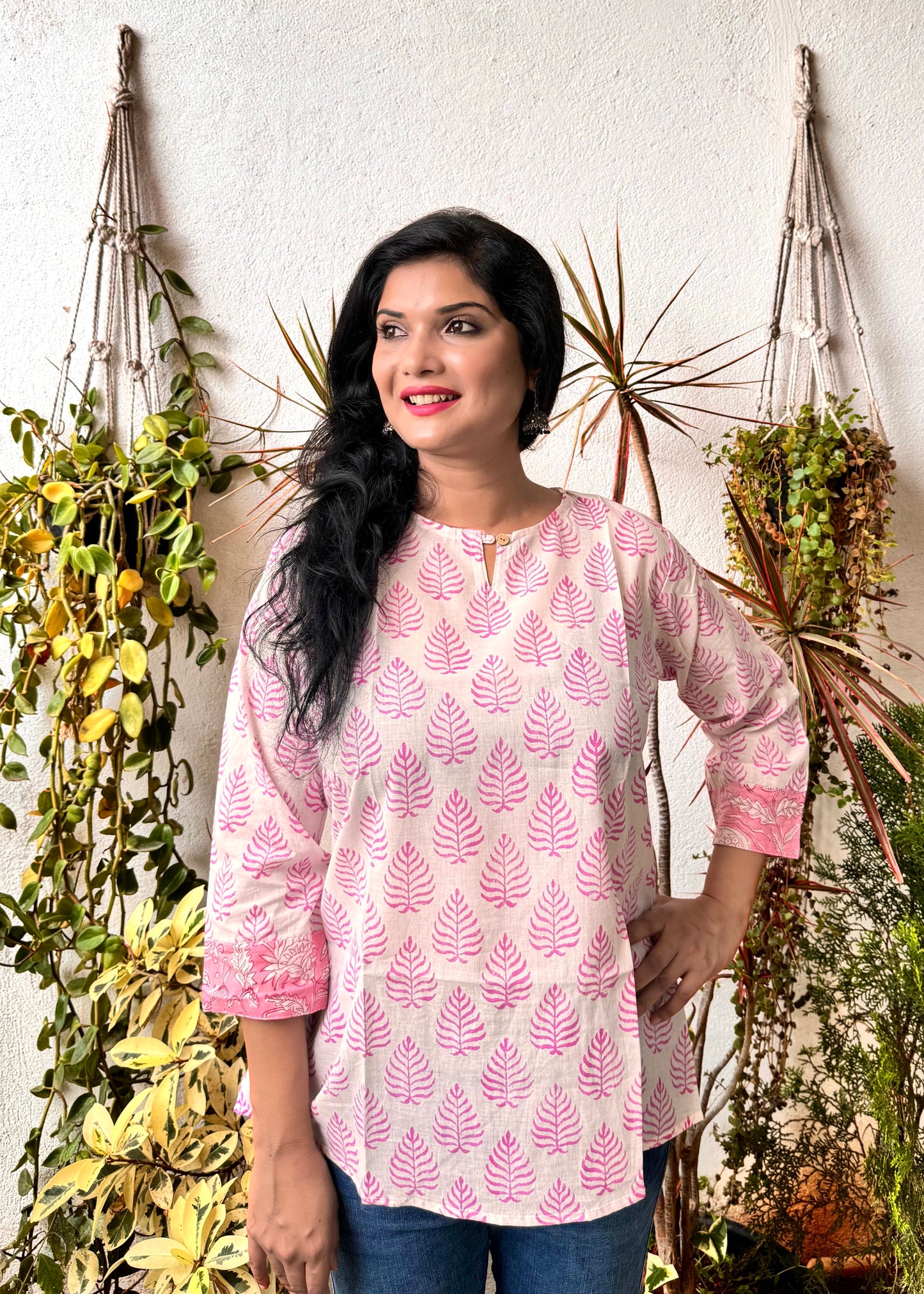 Flamingo ~ White and Pink Handblock Kurti
