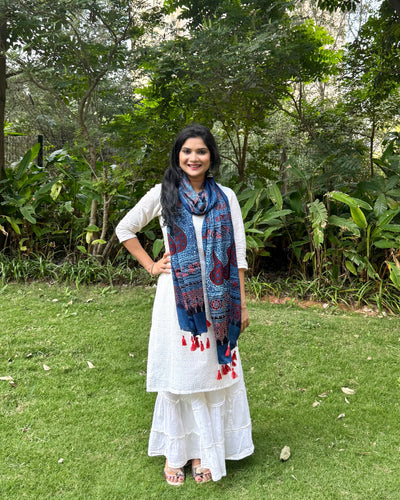 Rangrez🔅Modal Silk Ajrakh Stoles ~ Indigo with Floral Motifs