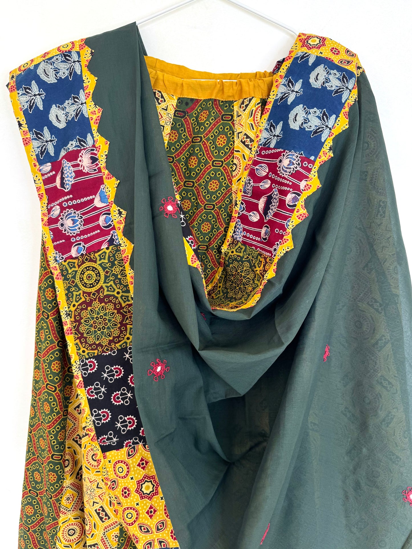 ✨Garba nu Ghoomie ~ Ajrakh Lehenga and Dupatta Set ~ Yellow Strips w/ Olive Green Dupatta
