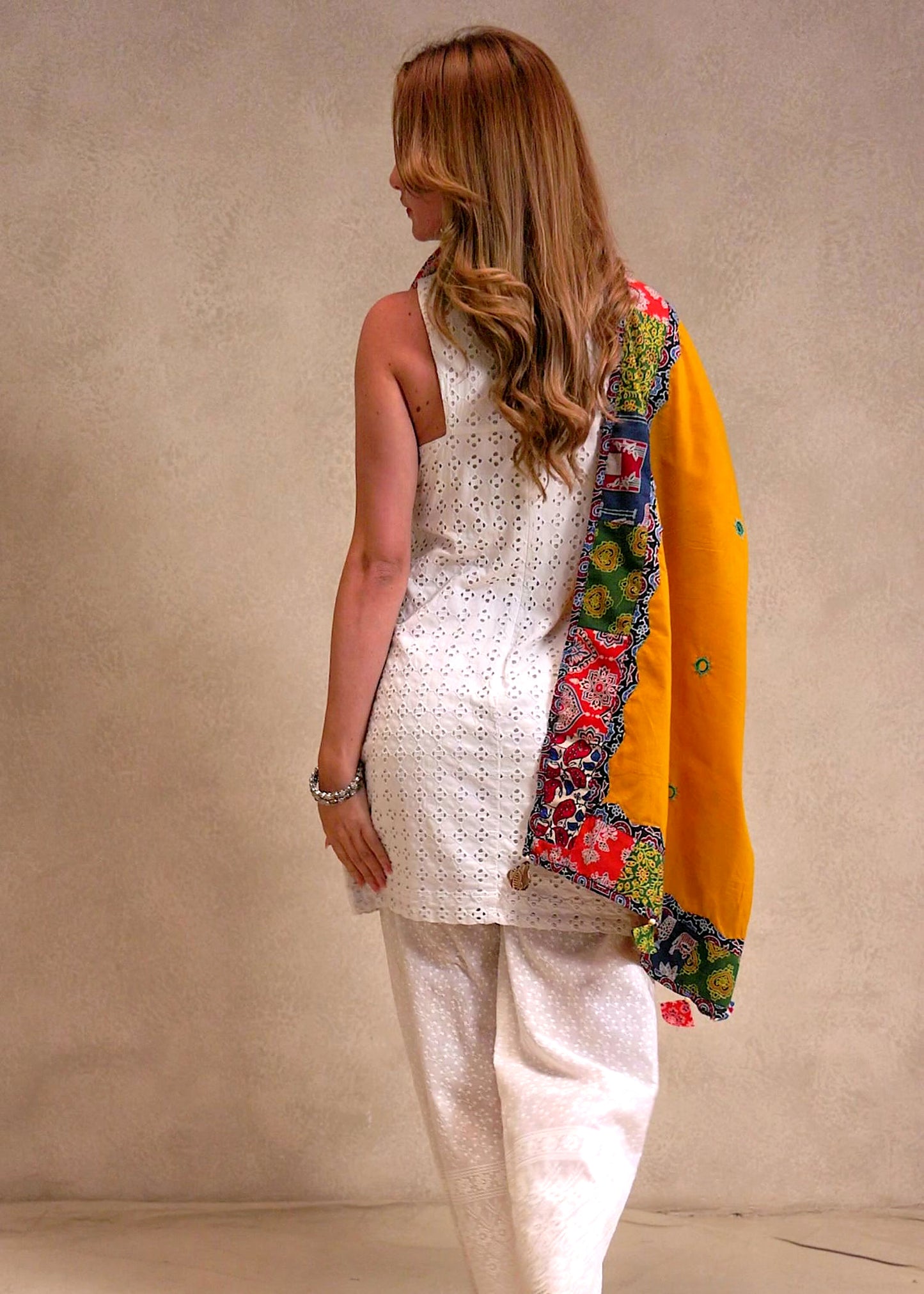 Ajrakh Applique & Kantha Embroidered Dupatta ~ Mustard Yellow
